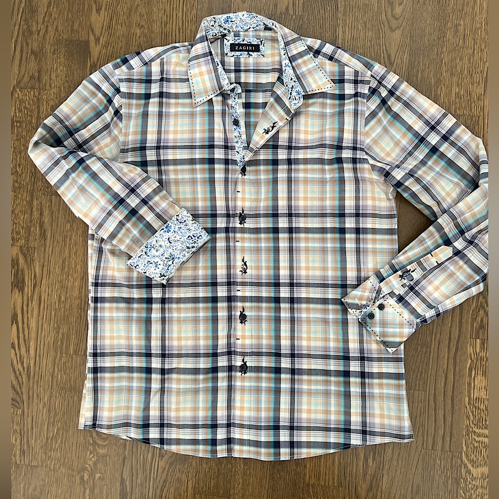 Zagiri Men’s Multi Plaid Flip-Cuff Dress Shirt